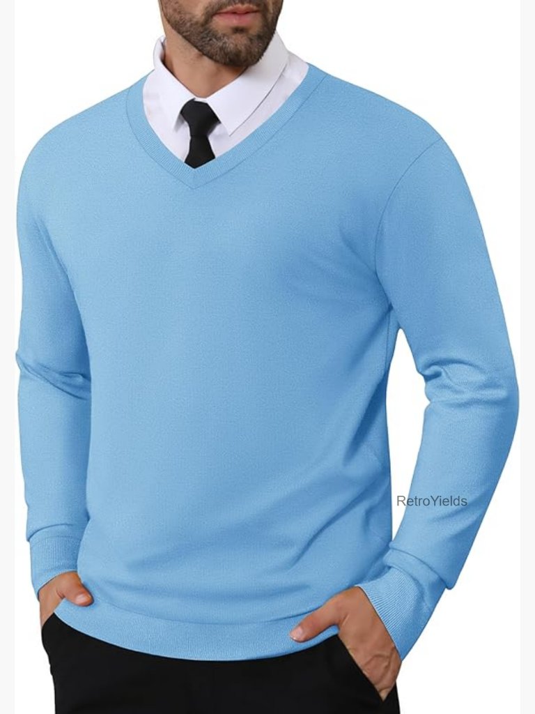 Men's V-Neck Pullover Sweater Knitted Soft Lightweight Long Sleeve Dress